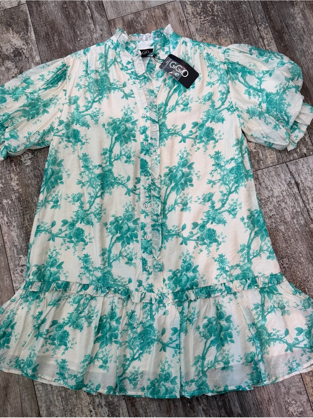 Gigio Women’s Cream and Green Floral Ruffle Button-Front Dress NWT - Picture 2 of 7